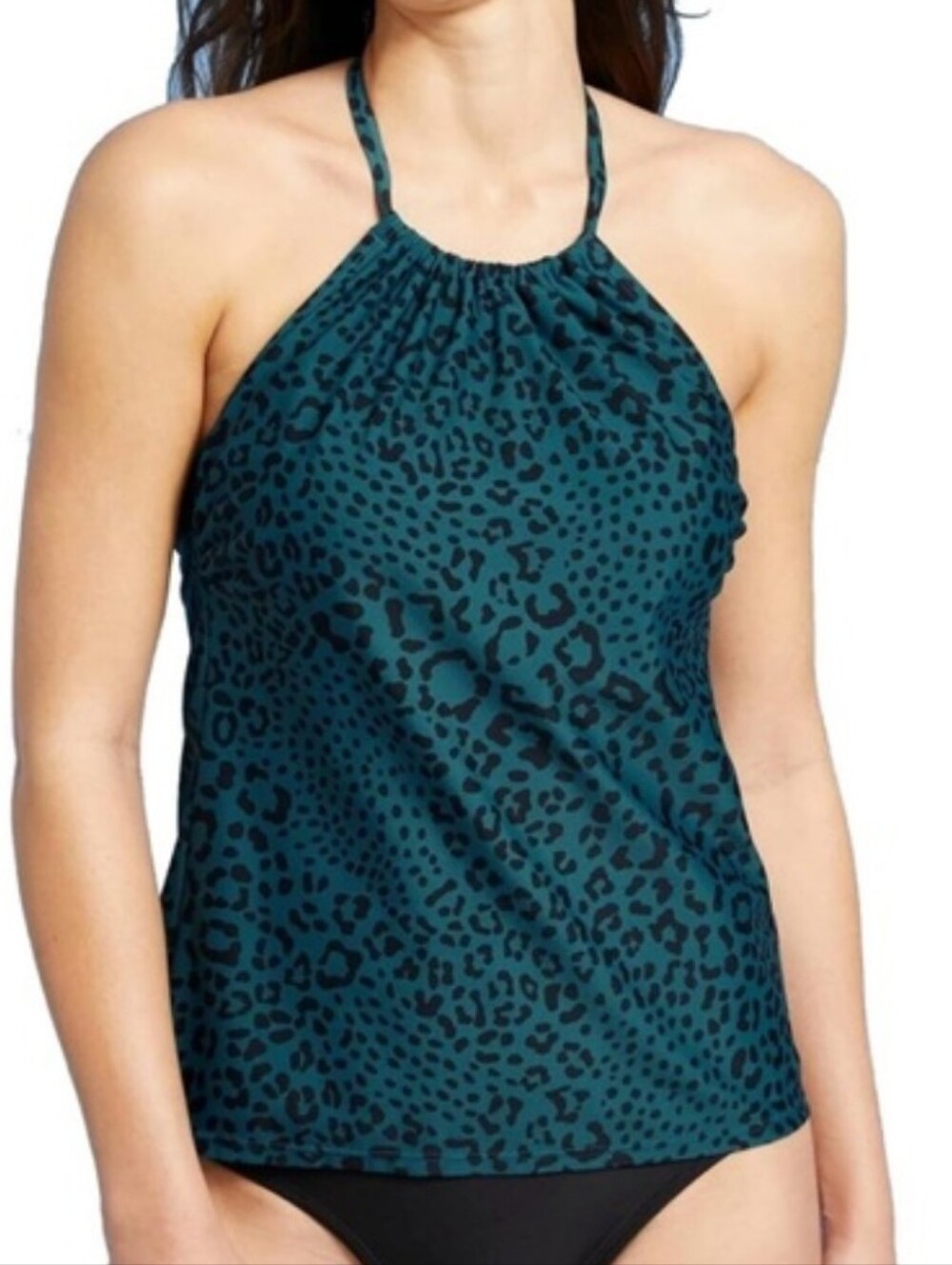 Kona Sol High Neck Halter Animal Print Tankini Swim Top Teal Black M 8 - 10